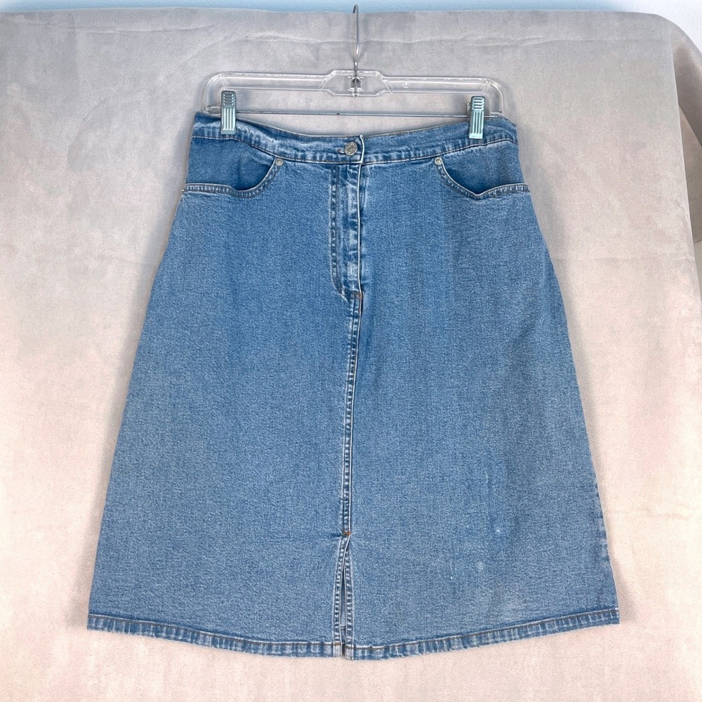 Denim & Co Womens Size 14 Blue Stretch Denim Midi Skirt A-Line Front Vent Casual